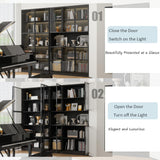 Mekminop Wood and Glass Display Cabinet, Modern Bookcase with Glass Doors, Led Light & Shelves, 78.7” W Large Combination Storage Cabinet with Handle for Home Office, Living Room, Black Mekminop