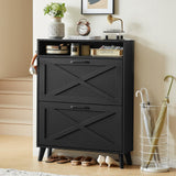 Joaxswe Shoe Storage Cabinet with 2 Flip Drawers, Farmhouse Shoes Organizer for Entryway, Narrow Hidden Shoe Rack with Wooden Legs & Open Storage, Free Standing Shoe Closet for Foyer, Hallway, Black Joaxswe