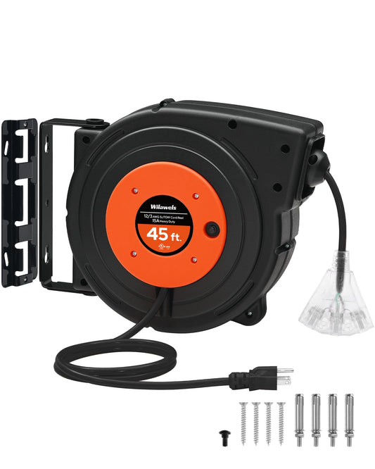 WILAWELS Retractable Extension Cord Reel, 45 FT Heavy Duty Power Cord, 12AWG/3C SJTOW, 3 Grounded Outlets Lighted Triple Tap, 15 Amp Circuit Breaker, UL Listed, Orange B45CR06 - WoodArtSupply