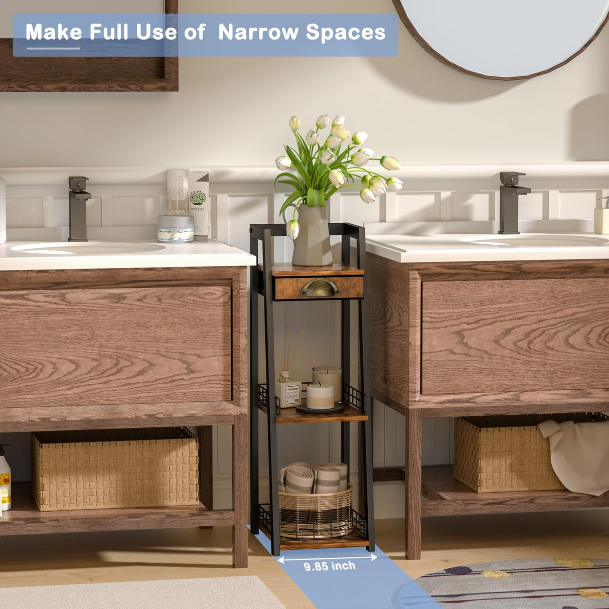 keomaisyto 3-Tier Narrow Bathroom Shelves with Drawer, Bathroom Organizers and Storage, Open Floor Ladder Shelf, Freestanding Tower Slim Standing Unit for Small Spaces - Rustic Brown keomaisyto