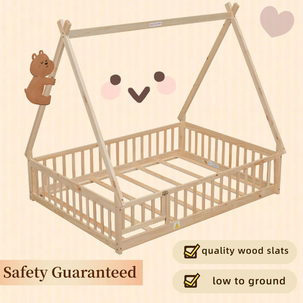 Mirightone Full Size Montessori Tent Floor Bed with Slats and Guardrails in Natural Wood Mirightone