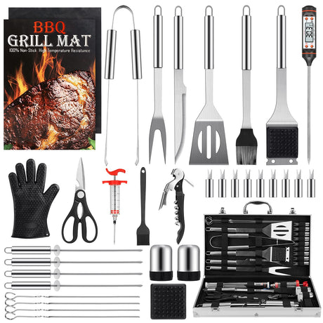 Birald Grill Set, Grilling Gifts for Men, 34PCS BBQ Tools Accessories for Outdoor Grill with Aluminum Case, Spatula,Tongs &Skewers,Smoker Accessories for Birthday, Dad, Wedding Birald