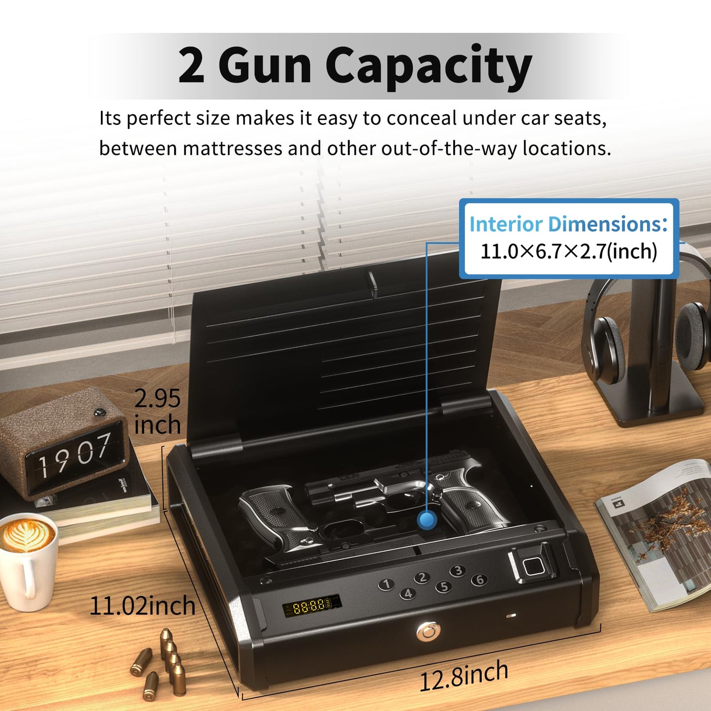 Glimstone Biometric Gun Safe for Pistols, Fingerprint Identification or Key Pad Quick-Access, Firearm Safety Device with 2 Keys, Smart Handgun Safe for Home Bedside Nightstand Car (Updated)