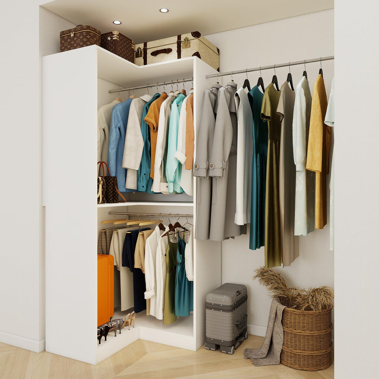 Vomavex Corner Closet System with 3 Hanging Rods, 30.8”-70.2” L Shaped Freestanding Closet Organizer for Walkin Closet, Corner Wardrobe, White vomavex