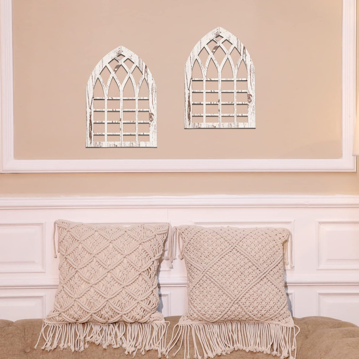 Yulejo 2 Pcs Rustic Window Frame Wall Decor Wooden Farmhouse Wall Decor 15.75'' x 11'' Arched Cathedral Window Home Decor Fake Window Pane Wall Art for Entryway Living Room Bedroom Yulejo