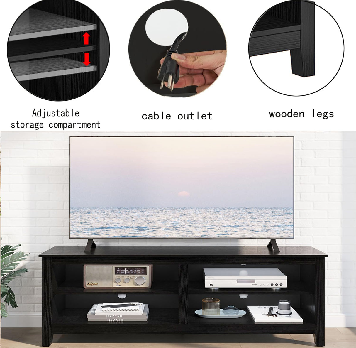 Gyger TV Stand for 65 inch TV with Storage,Modern TV Entertainment Center for Bedroom,TV Media Console Table with 4 Open Storage Shelve,55 inch Wood TV Cabinet Black Gyger