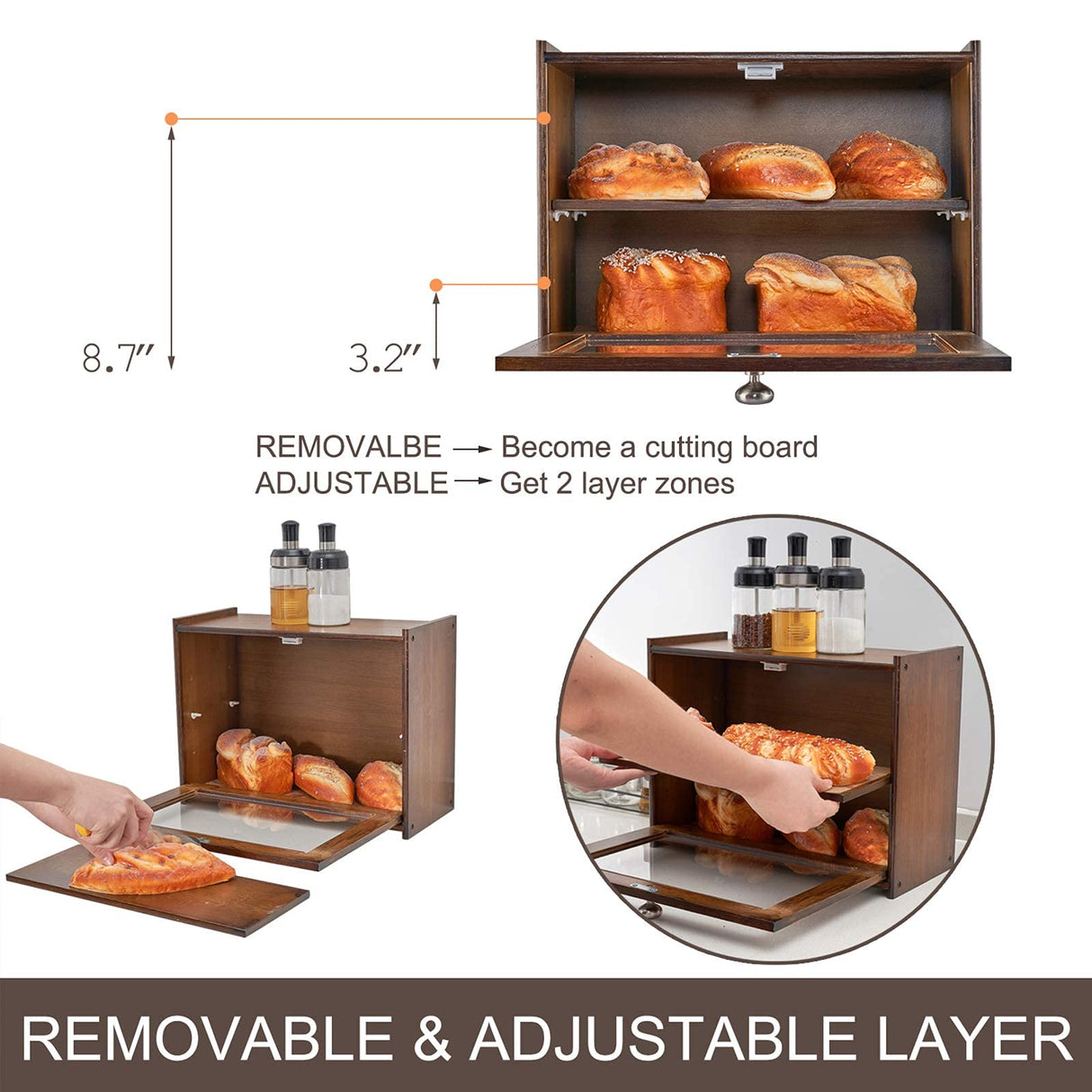 Worthyeah Bamboo Bread Box for Kitchen Countertop, Wooden Bread Storage Box with Transparent Window, 2-Layer Large Capacity Bread Storage, Kitchen Bread Holder, Self Assembly Worthyeah