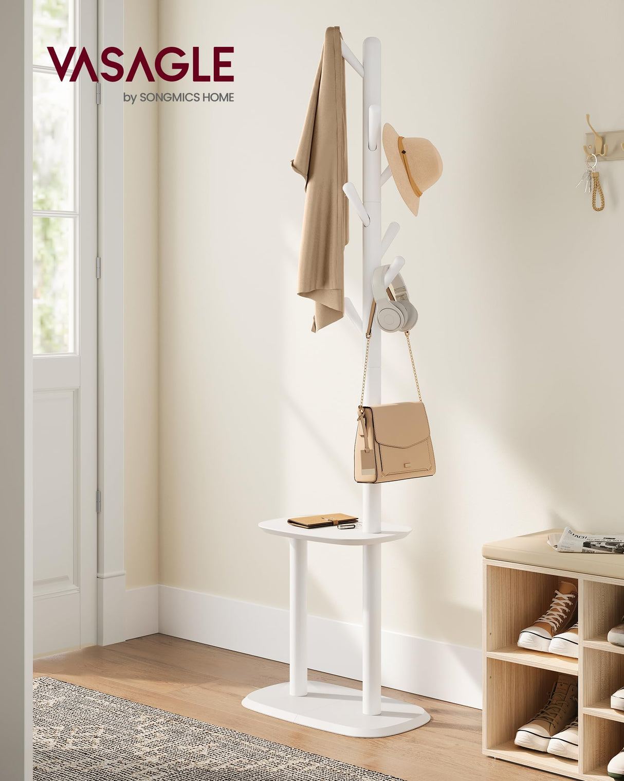 VASAGLE Coat Rack, Free Standing Coat Stand, Hall Coat Tree with 8 Hooks and Storage Shelf, 67.2 Inch Tall, for Coats, Hats, Bags, for Entryway, Hallway, Bedroom, Cloud White URCR040W01 VASAGLE