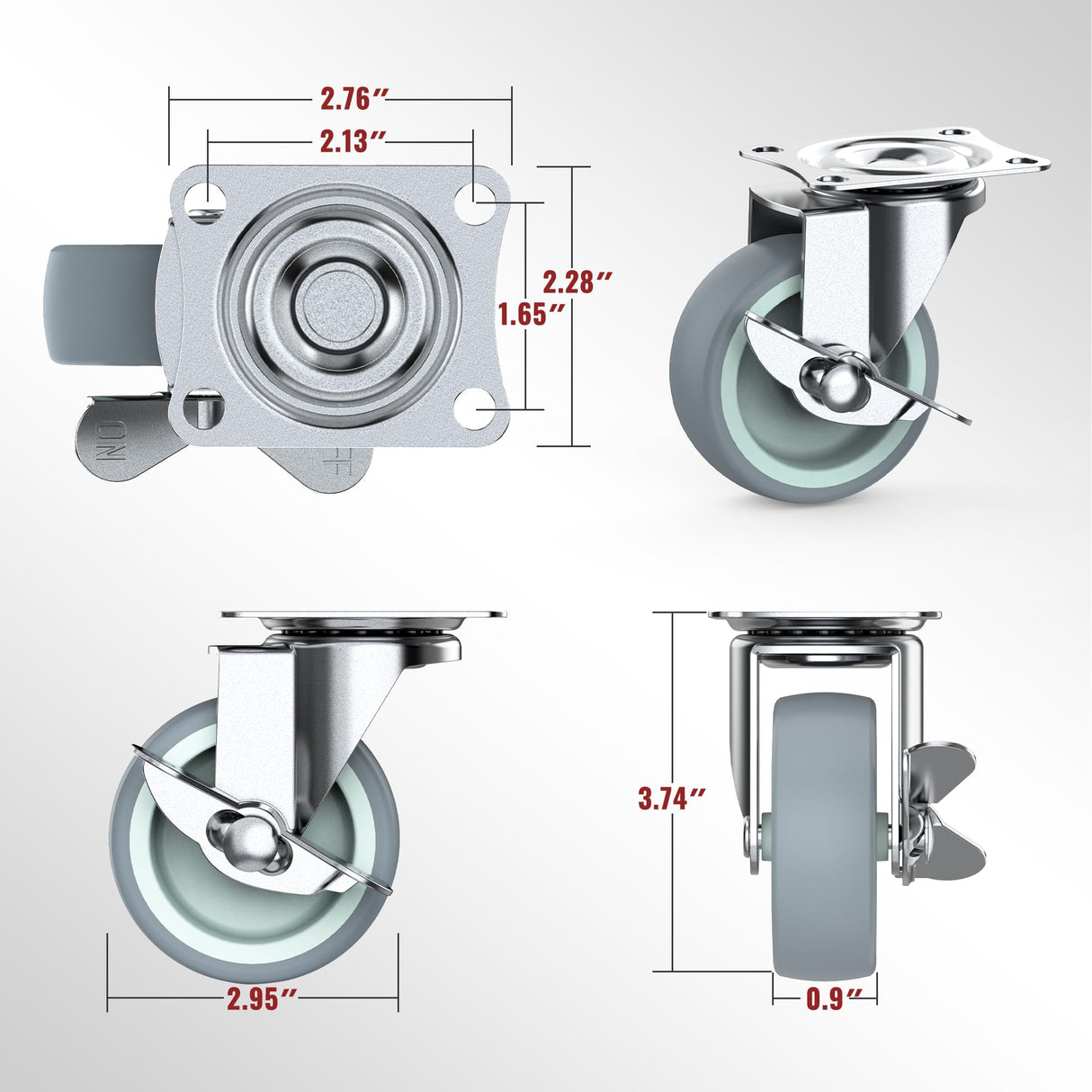HOLKIE 3 inch Caster Wheels with Side Brakes Swivel Casters for Workbench, Furniture or Other Equipments Load Capacity 500LBS (Set of 4) HOLKIE