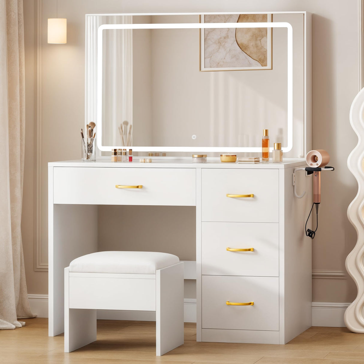 YITAHOME Vanity Desk Set with Large 35" LED Mirror and Lights, Makeup Table with 4 Drawers & Stool, 2 AC Outlets and 2 USB Ports, Adjustable Lighting, Modern Ample Storage Dressing Table, White YITAHOME