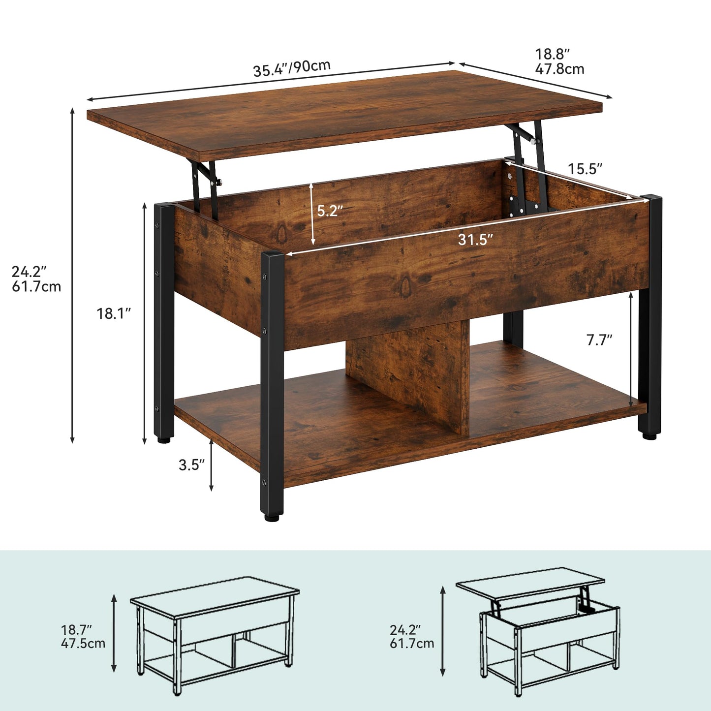 YITAHOME Lift Top Coffee Table, Coffee Tables with Large Hidden Storage Wood Coffee Table Lift Up Center Table for Living Room, Office, Rustic Brown