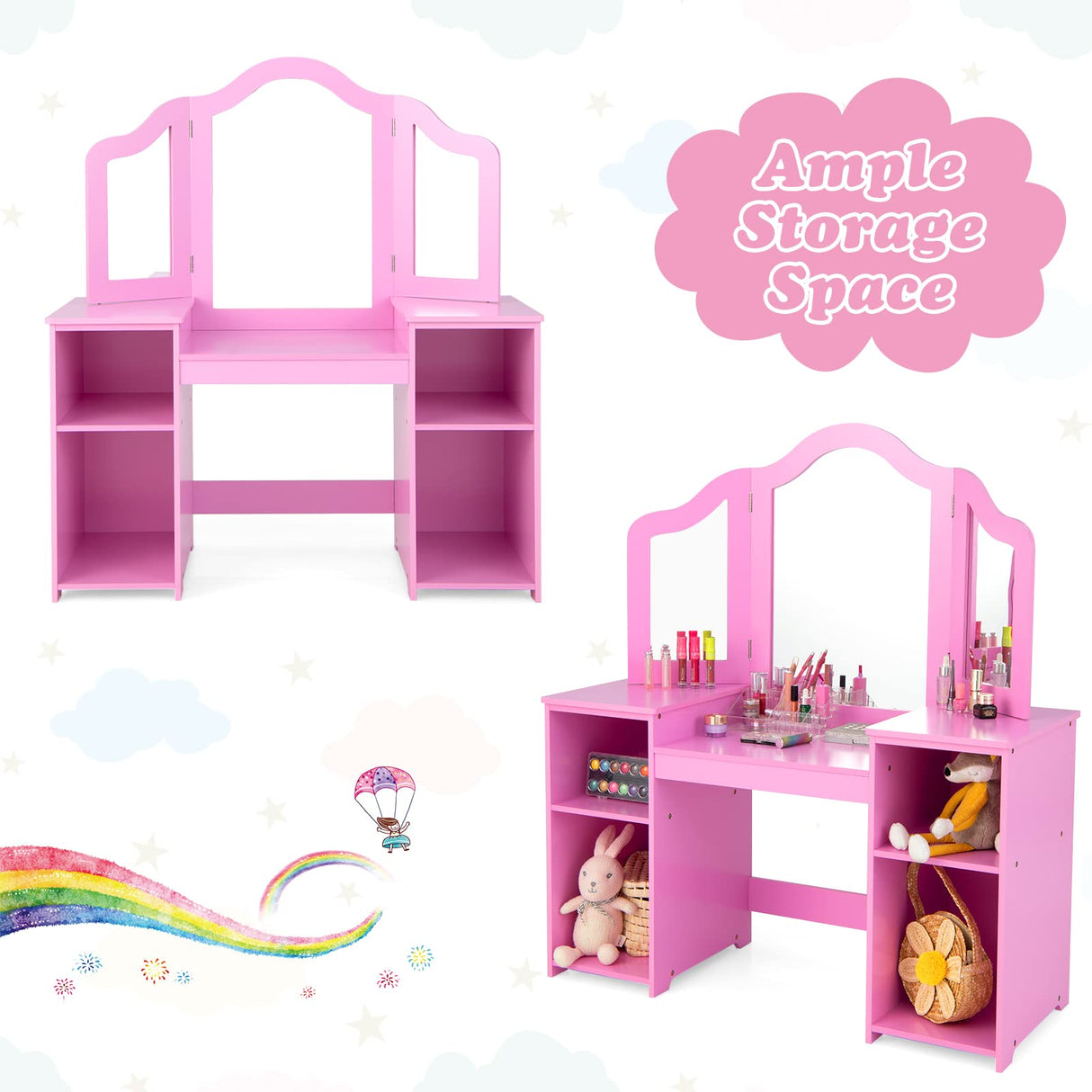 INFANS Kids Vanity, 2 in 1 Princess Makeup Desk & Chair Set with Tri-Folding Detachable Mirror, Large Storage Shelves, Wooden Pretend Play Dressing INFANS