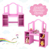INFANS Kids Vanity, 2 in 1 Princess Makeup Desk & Chair Set with Tri-Folding Detachable Mirror, Large Storage Shelves, Wooden Pretend Play Dressing INFANS