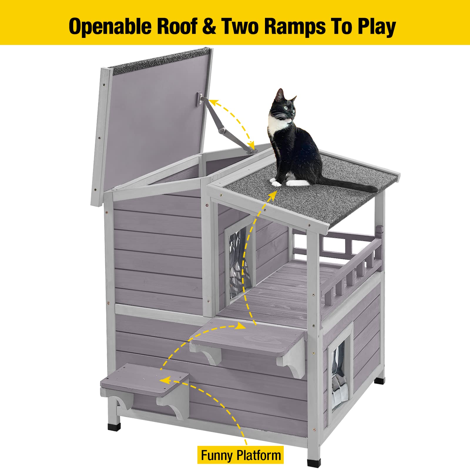 Aivituvin Outdoor Feral Cat House Wooden Kitty Shelter with Large Balcony,Escape Door,Waterproof - WoodArtSupply