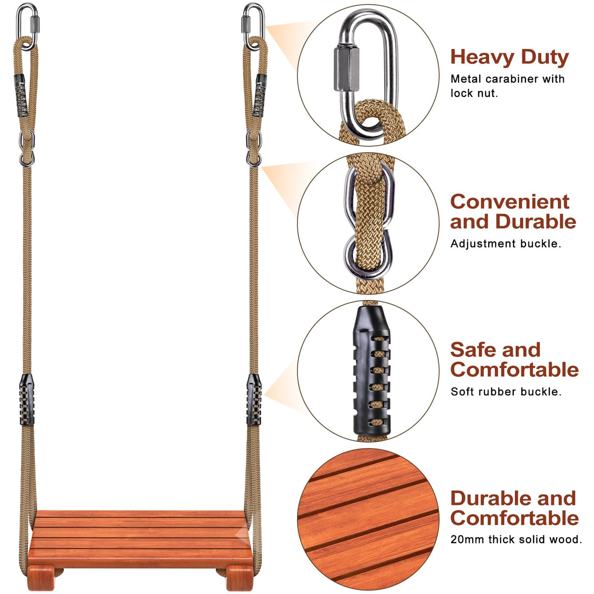 SELEWARE Wooden Swing Seat, Heavy Duty Wood Tree Swing for Adult Kids Playground Swing Sets for Backyard, Indoor Outdoor Flat Swing Seat (17.5 x 8.5 Inch) with Adjustable Rope SELEWARE