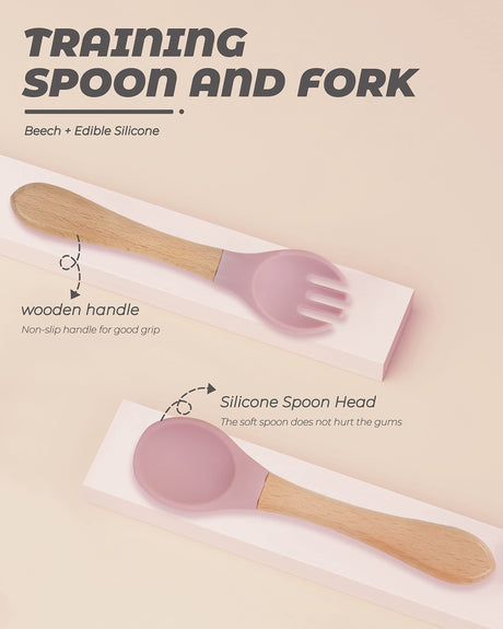 10 pcs Baby Spoons and Forks, First Stage Baby Led Weaning Spoons, Chewable Baby Utensils for Self-Feeding, Bamboo and Silicone Baby Utensils, Kids Utensils for Over 6 Months Babies DF DUALFERV