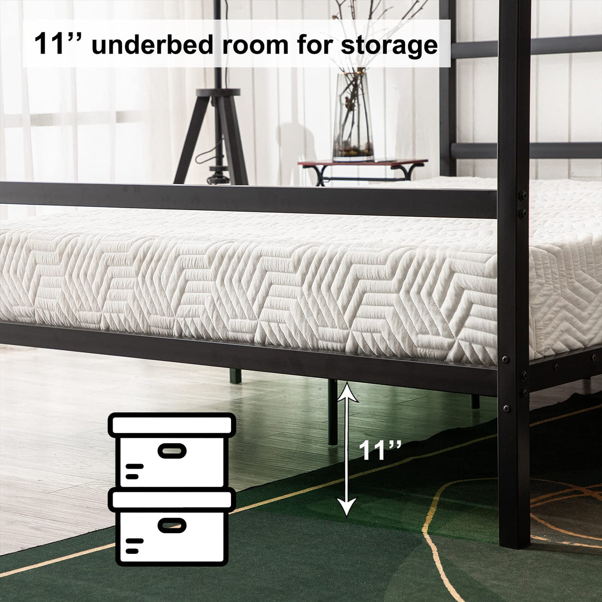Bonnlo King Metal Bed Frame, Canopy Bed King Size with Headboard, 4 Poster Black Mattress Frame, 550lbs Capacity, Contemporary Design, No Box Spring Needed, Black Bonnlo