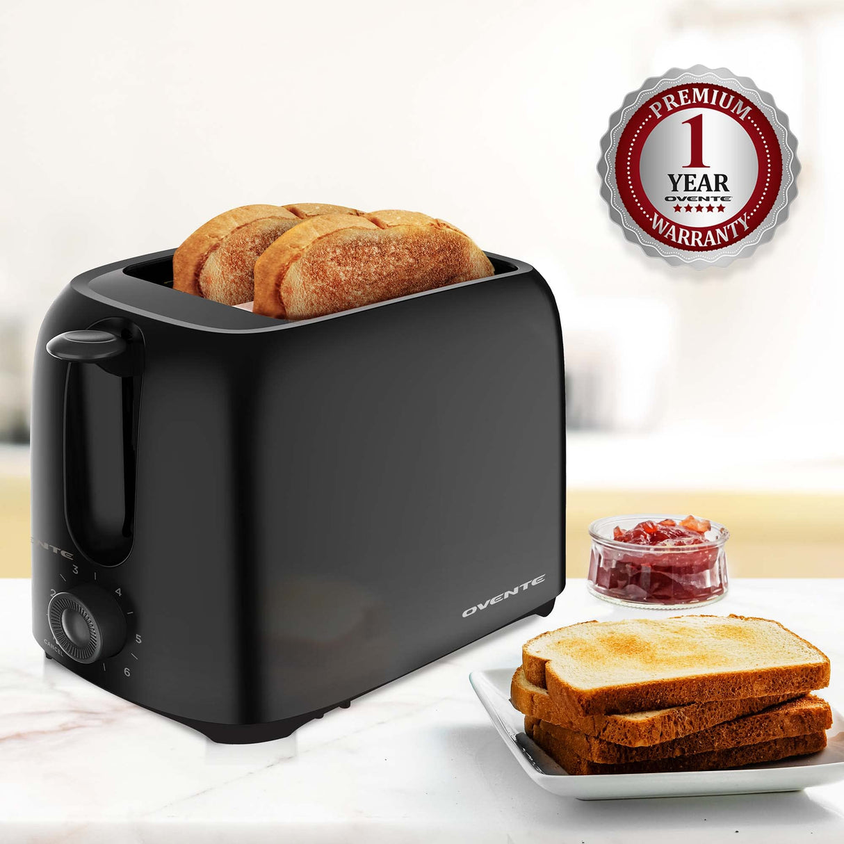 OVENTE Electric 2 Slice Toaster Machine with 6-Shade Toast Settings, 700W Power, Removable Crumb Tray and Compact Design Perfect for Toasting Bread, Bagels, Waffles and Puff Pastry, Black TP2210B OVENTE
