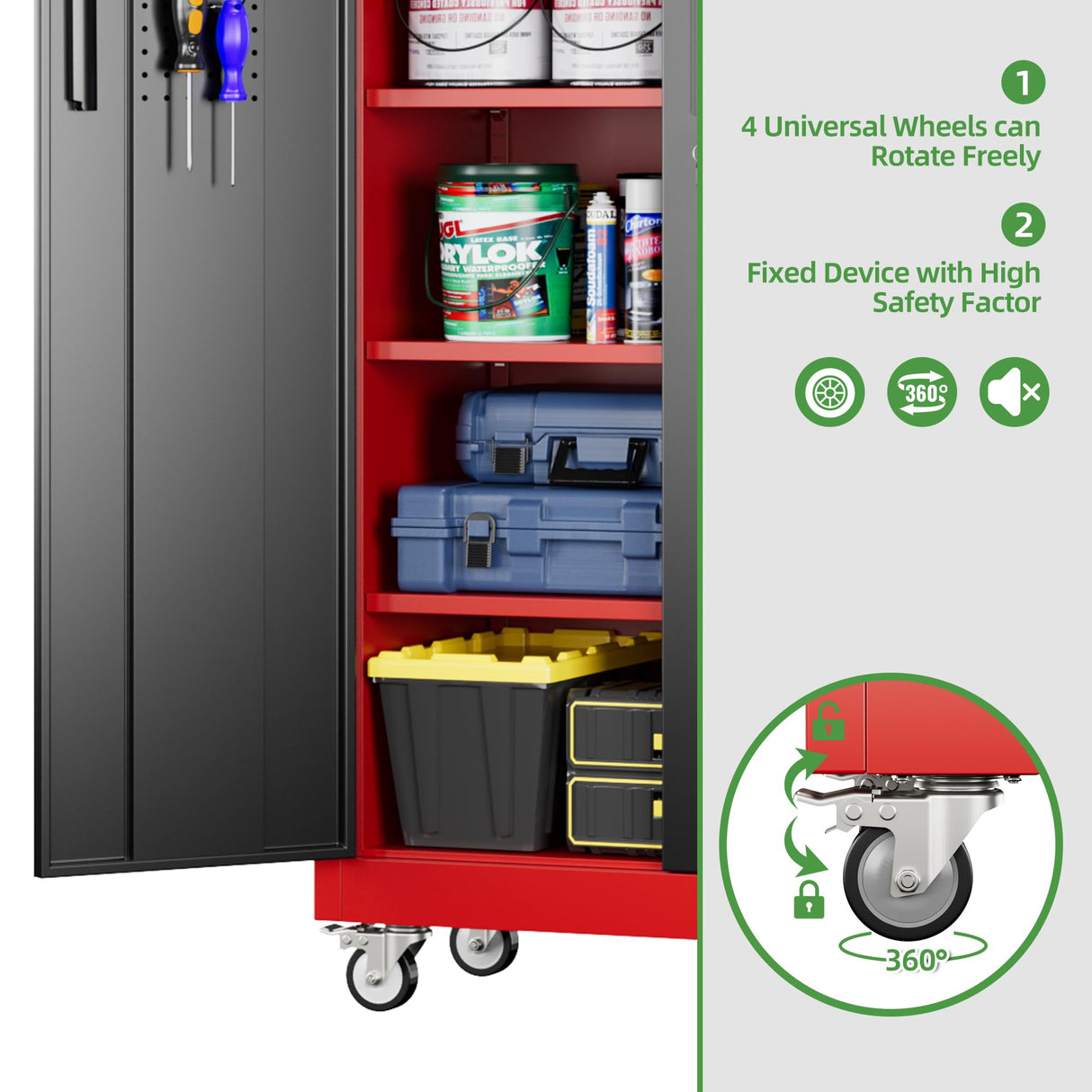 JAORD 71" Metal Storage Cabinet with Wheels and Pegboard, Lockable Rolling Steel Storage Cabinet with 5 Adjustable Shelves and Door for Garage, Office, Kitchen, Assembly Required（Black and red） JAORD