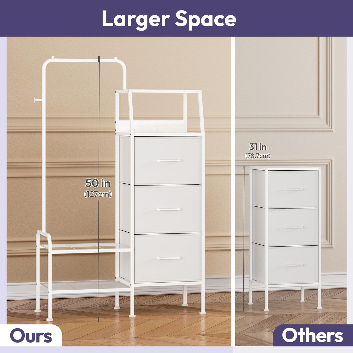 SWTYMIKI Dresser with Hanging Rack - 3 Fabric Drawers Kids Dresser for Bedroom - Reversible Tall Storage Tower, Small Space Clothes Storage Organizer Cabinet for Apartment, Dorm 49.21''H, White SWTYMIKI