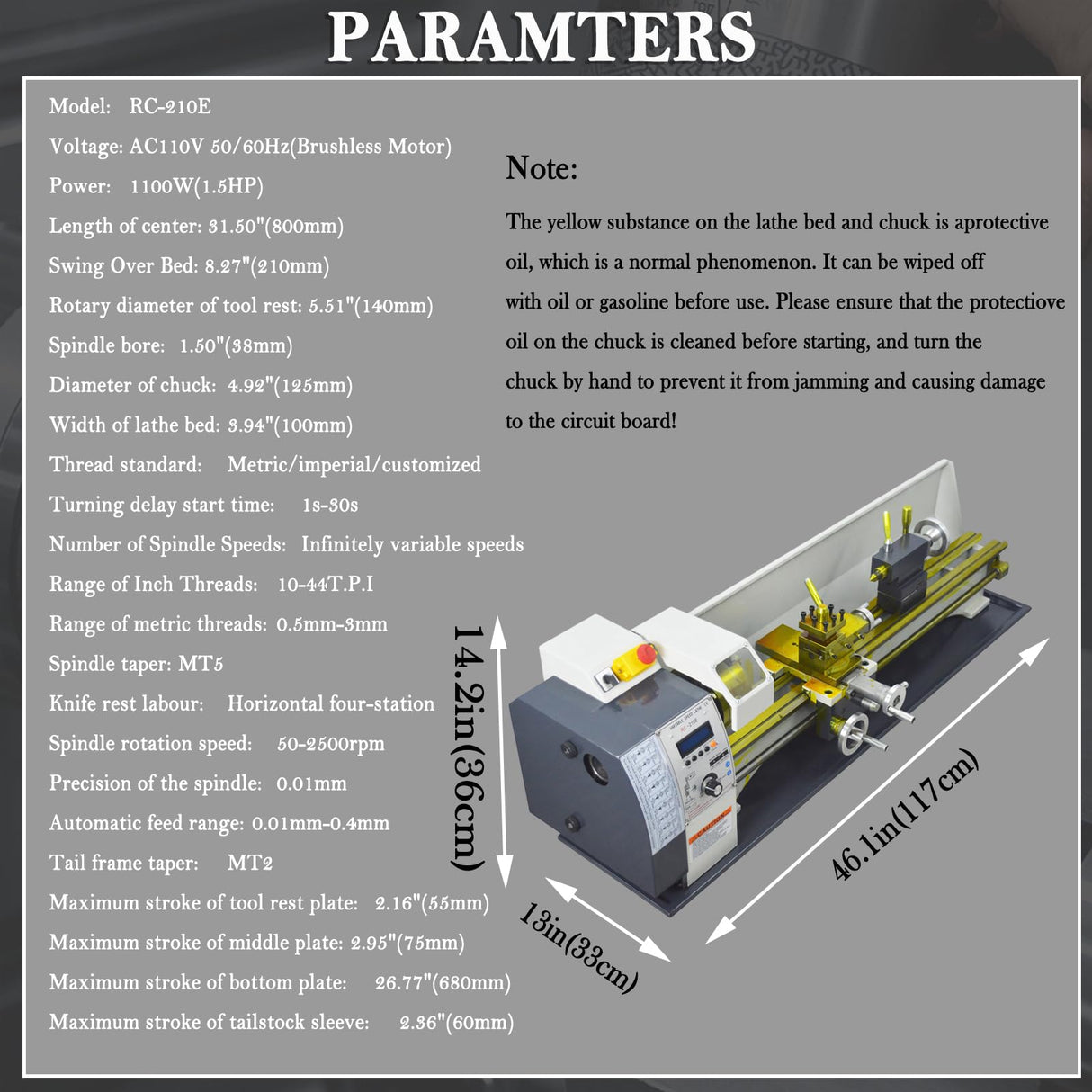 INTBUYING 8"x32" Benchtop Metal Lathe Machine 1100W Brushless Gearless Motor 50-2500RPM, Horizontal Design for Precision Metal/Wood Working Imperial/Metric Conversion, RC-210E 110V INTBUYING