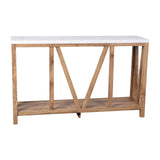 EMMA + OLIVER Owen Sofa Table - Modern Farmhouse Design - Engineered Wood Construction in Warm Oak - Faux Marble Top - Protective Floor Glides EMMA + OLIVER