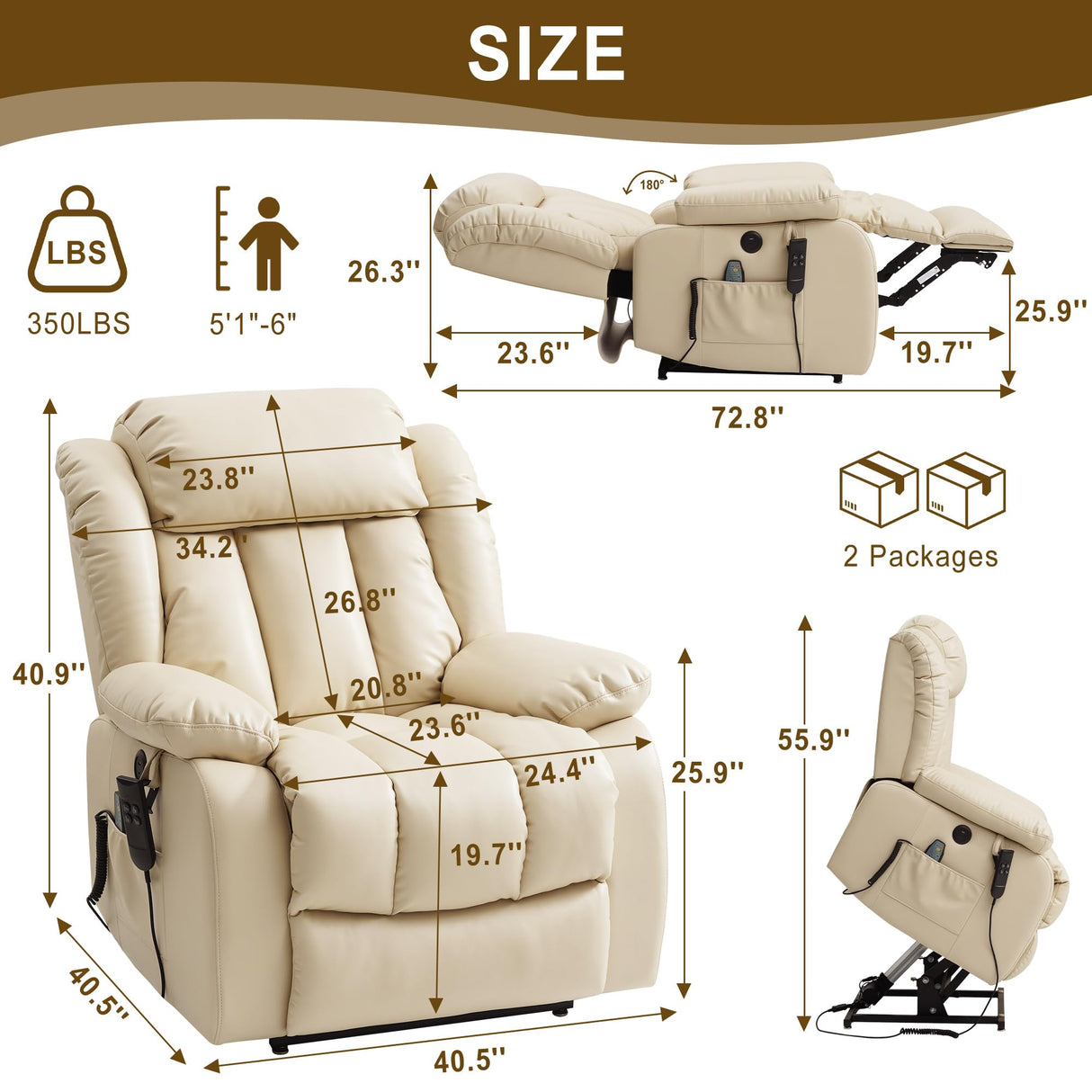 MEROUS Dual Motor Large Power Lift Recliner Chair for Elderly with Heat and Massage,Lay Flat Lift Chairs Recliners for Seniors Infinite Position,USB Ports&Remote, Genuine Leather (Beige) MEROUS
