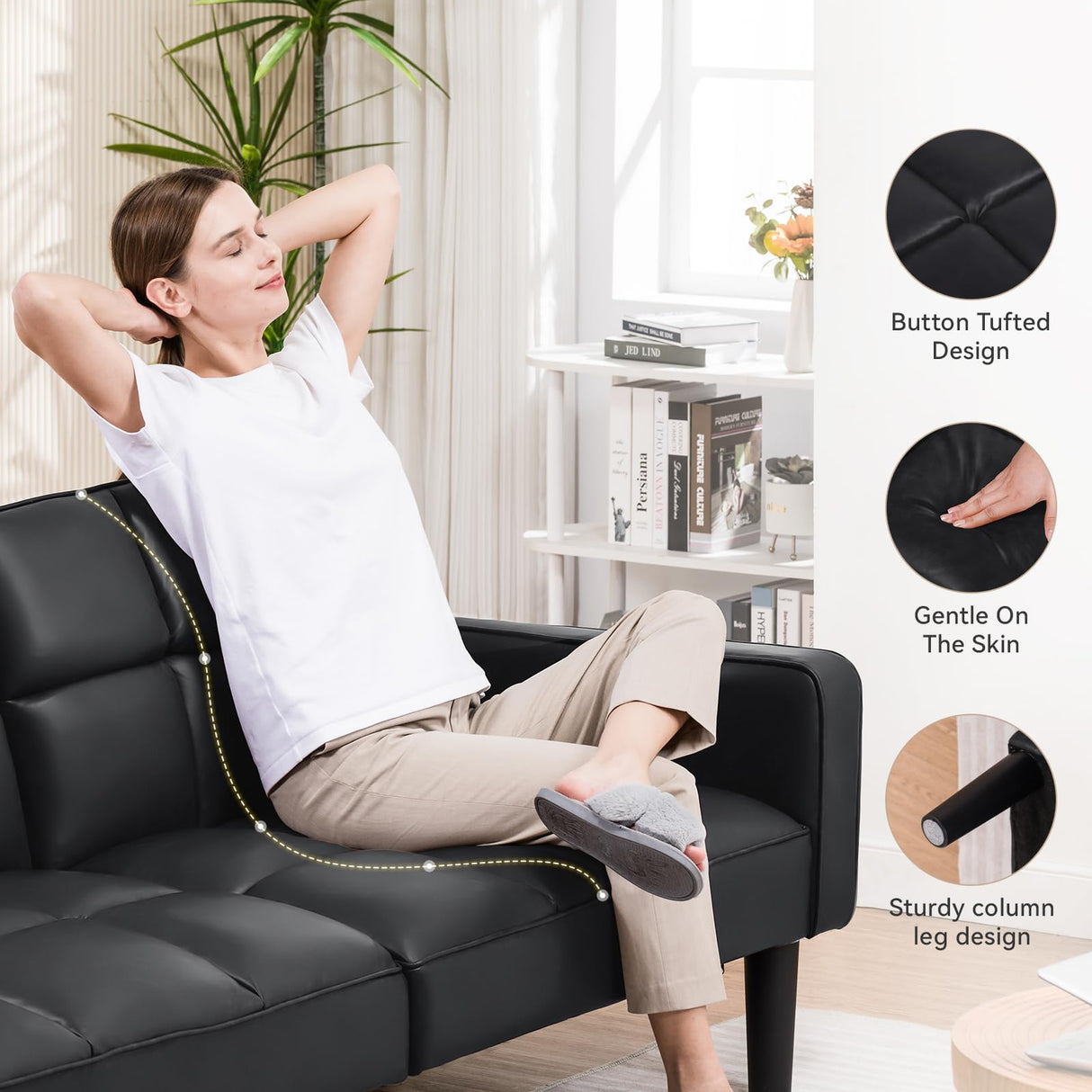 COMHOMA 76 inch Futon Sofa Bed,Mid Century Modern Futon Couch with Adjustable Backrest,Fabric Convertible Sofa Cama,Folding Sleeper Sofa for Living Room,Bedroom (Black) COMHOMA