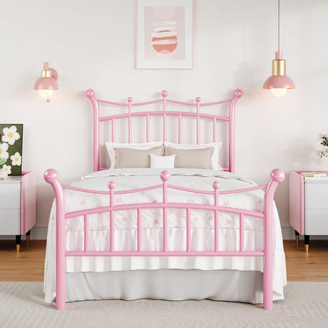 HOMBCK Twin Bed Frame with Headboard, Princess Bed, Metal Platform Bed Frame, Twin Bed Frame for Girls, Crown Shaped Headboard and Footboard, No Box Spring Needed, Easy Assembly, Pink HOMBCK