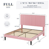 Allewie Full Bed Frame, Velvet Upholstered Platform Bed with Adjustable Vertical Channel Tufted Headboard, Mattress Foundation with Strong Wooden Slats, Box Spring Optional, Easy Assembly, Pink Allewie
