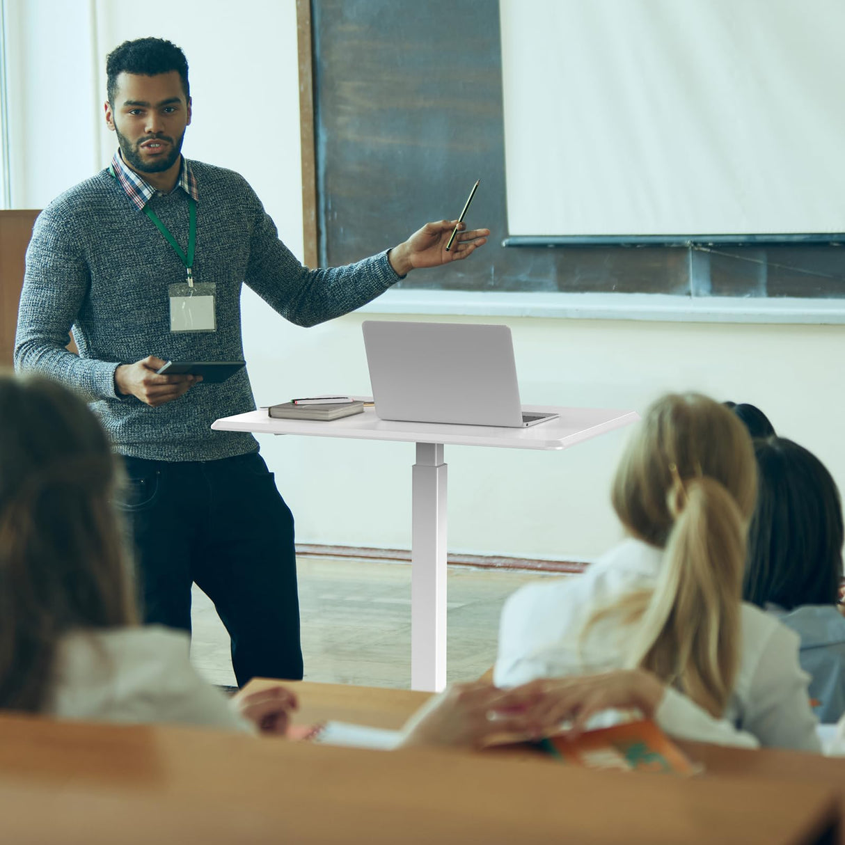 OLIXIS Small Standing Desk Adjustable Height, Portable Rolling Table on Wheels, 19 Inch Computer Mobile Desk Workstation for Home Office, White OLIXIS