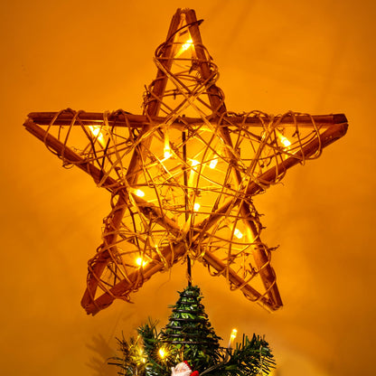 Christmas Tree Topper Star, Indoor Rattan Natural Star Treetop with 10 LED Light, Xmas Star Tree Topper Lighted for Christmas Tree Decorations