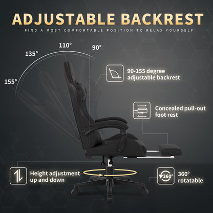 Gaming Chair, Computer Office Chair with Footrest, 155° Reclining Chair, Ergonomic High Back Computer Chair with Headrest and Lumbar Support for Adults and Kids (Black)