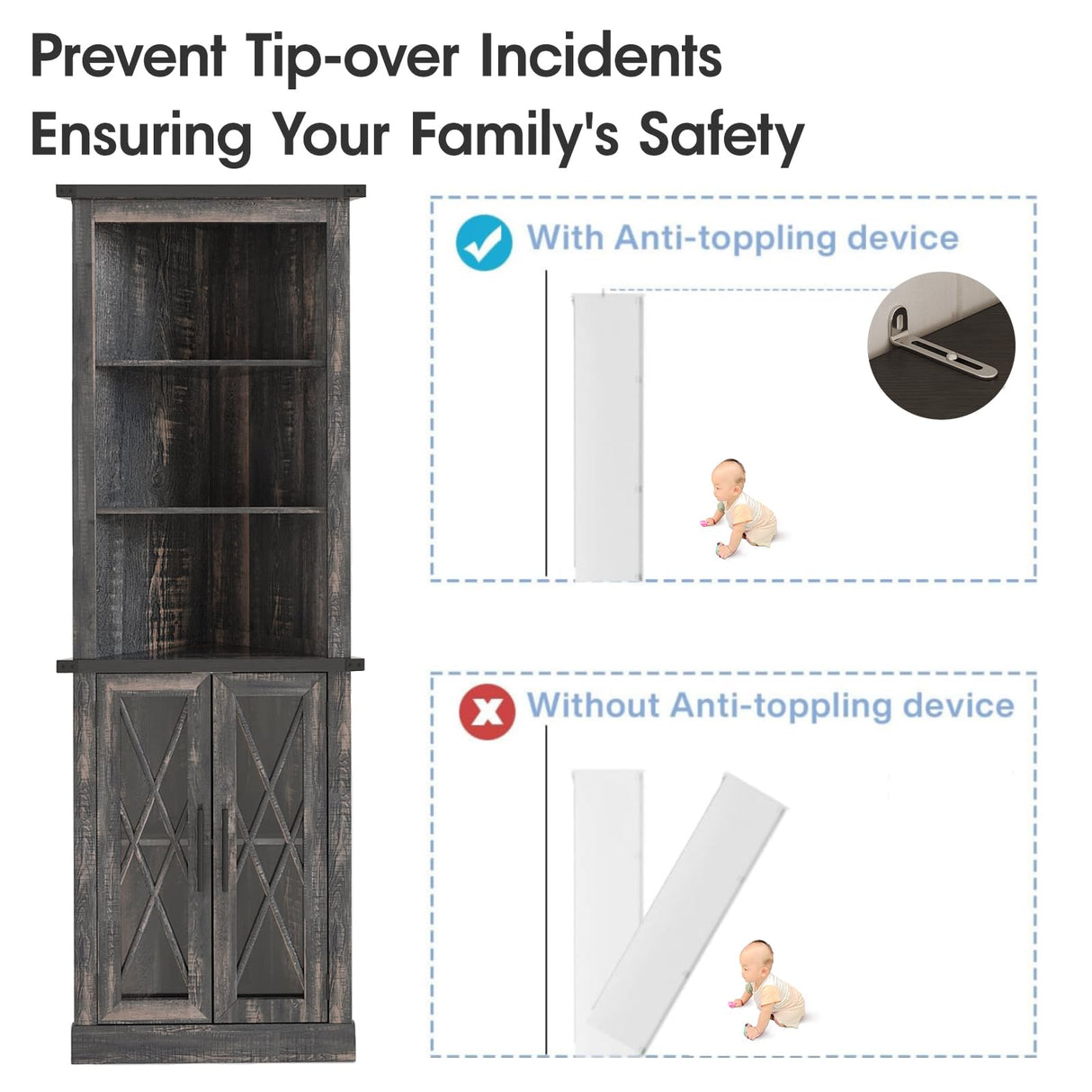 Maupvit 66.8" Tall Corner Cabinet, Modern Storage Cabinet with 2 Glass Doors & Adjustable Shelves, 5-Tier Corner Display Cabinets for Living Room, Bathroom, Dark Oak Maupvit