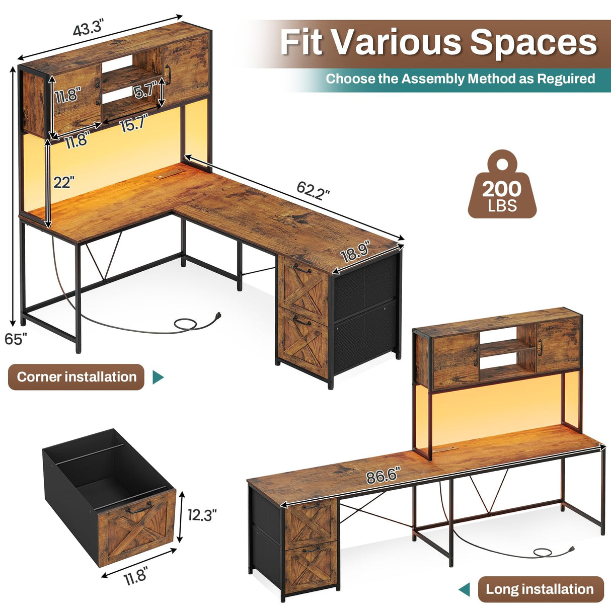 SEDETA L Shaped Desk with Drawers, 62.2" Home Office Desk with Fabric File Drawers and Power Outlet, L Shaped Desk with Hutch, Storage Shelves, LED Lights, Rustic Brown SEDETA