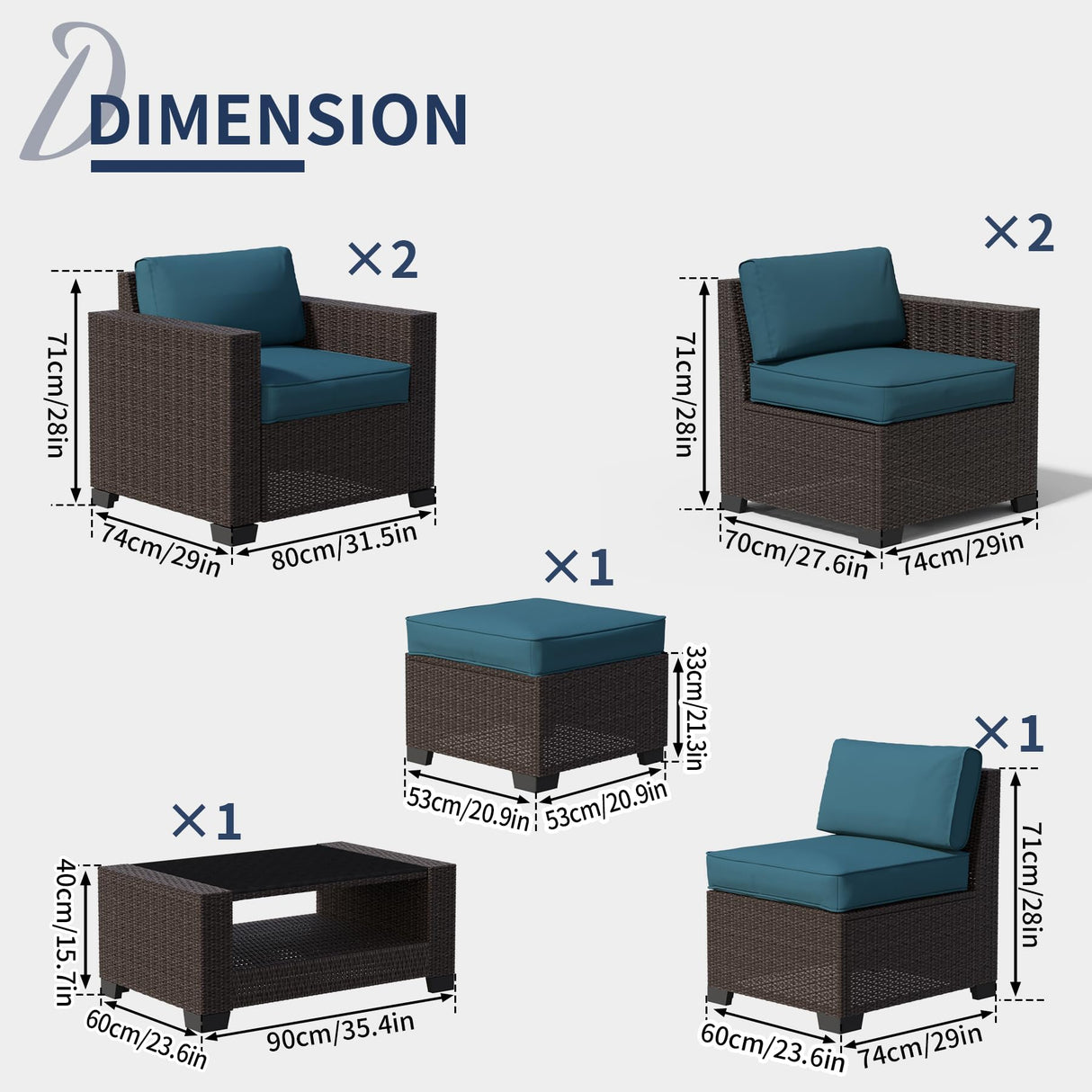 YLGJ&TIDY 7-Piece Outdoor Sectional Patio Furniture Set, All-Weather Wicker Rattan Sofa w/Thick Washable Cushions & Tempered Glass Table, Perfect for Garden, Poolside, Backyard (Brown&Peacock Blue) YLGJ&TIDY