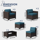 YLGJ&TIDY 7-Piece Outdoor Sectional Patio Furniture Set, All-Weather Wicker Rattan Sofa w/Thick Washable Cushions & Tempered Glass Table, Perfect for Garden, Poolside, Backyard (Brown&Peacock Blue) YLGJ&TIDY