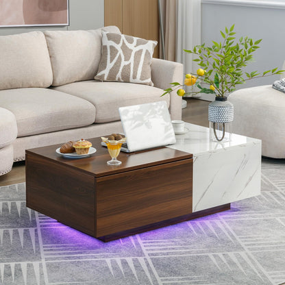 COSVALVE 43" LED Coffee Table for Living Room, Marble Coffee Tables with 2 Storage Drawers, Modern Center Table with 24 Colors LED Light, Walnut and White - WoodArtSupply