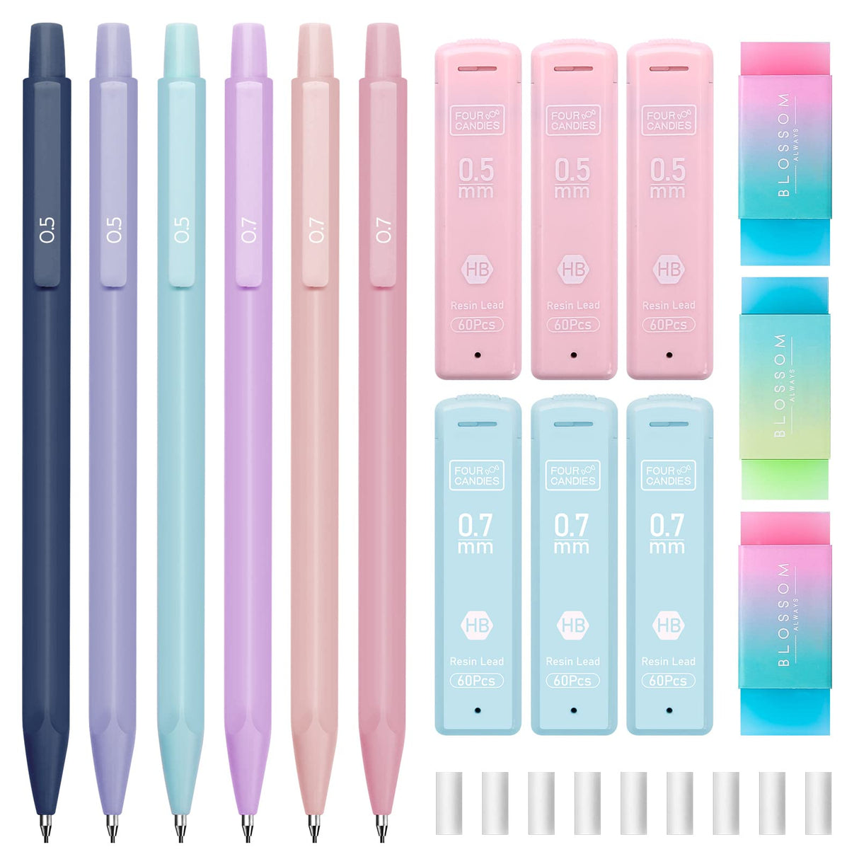 Four Candies Cute Mechanical Pencil Set, 6PCS Pastel Mechanical Pencils 0.5 & 0.7mm with 360PCS HB Pencil Leads, 3PCS Erasers and 9PCS Eraser Refills, Aesthetic Mechanical Pencils for Girls Writing Four Candies