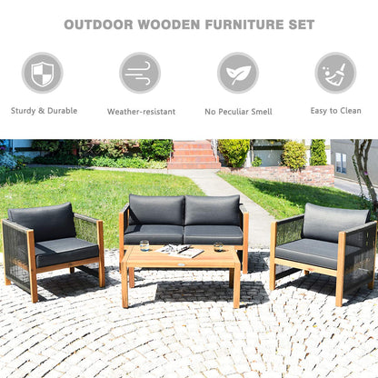 Tangkula Outdoor Wood Furniture Set, Acacia Frame Loveseat Sofa, 2 Single Chairs and Coffee Table, 4 Pieces Conversation Set with Cushions, Garden Balcony Poolside Living (1, Grey) - WoodArtSupply