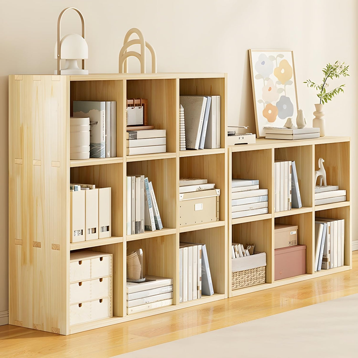 LITFAD Modern Solid Wood Cube Bookcase with Storage Shelves in Natural Finish – Perfect for Home Office and Study Rooms LITFAD