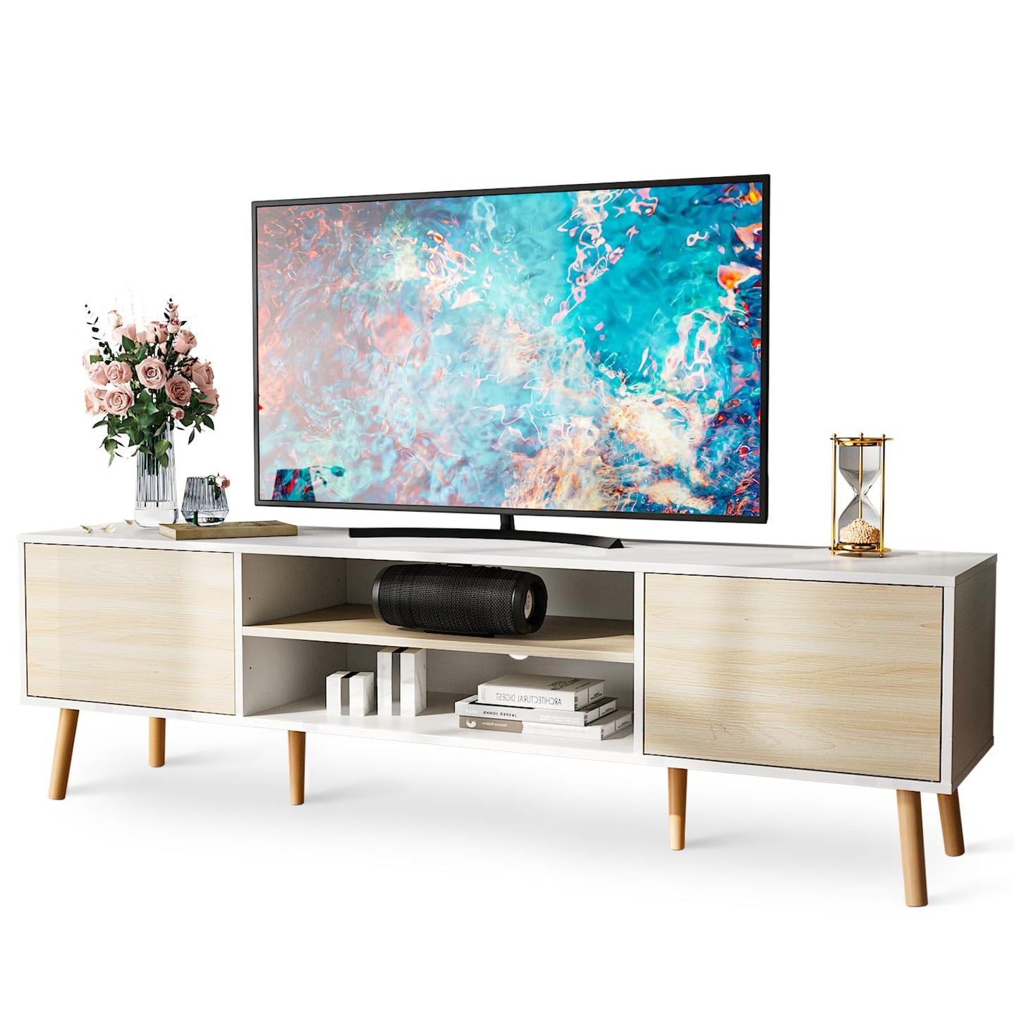 BVIUNTWO TV Stand for 75 Inch TV, Entertainment Center with Storage, 2 Cabinet Media Console Table, Wood Feet, Living Room, Bedroom Furniture,White&Oak