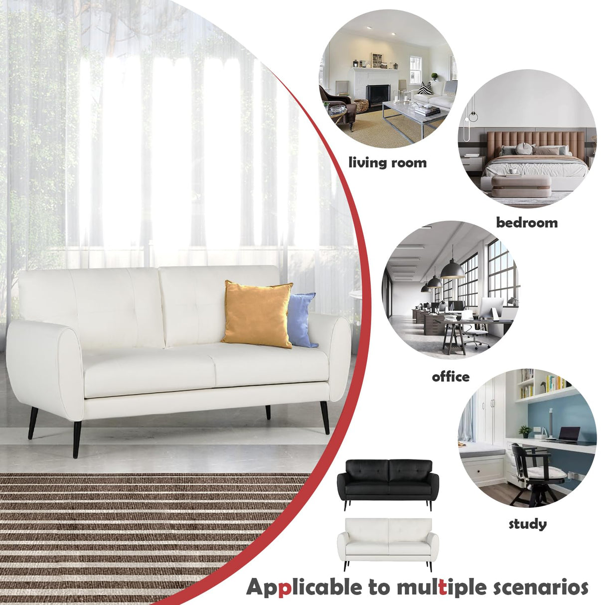 VAMEPOLE Sofa Couch, 60" Loveseat Sofa for Living Room, Mid Century Mini White Couch, Tufted Leather Love Seat Furniture, Comfy Office Sofa 2 Seat, Small Couches for Small Spaces, Bedroom, Apartment VAMEPOLE