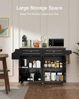 Qsun Kitchen Island with Storage, Kitchen Cart on 5 Universal Wheels, Mobile Kitchen Island with Rubber Wood Top and Side Rack (Black) Qsun