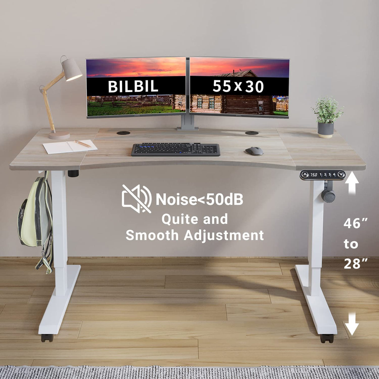 bilbil Electric Standing Desk 55 x 30 Inches, Height Adjustable Sit Stand Desk with Splice Board, Casters with Brake, White Frame/Oak and White Top bilbil