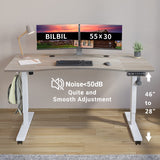 bilbil Electric Standing Desk 55 x 30 Inches, Height Adjustable Sit Stand Desk with Splice Board, Casters with Brake, White Frame/Oak and White Top bilbil
