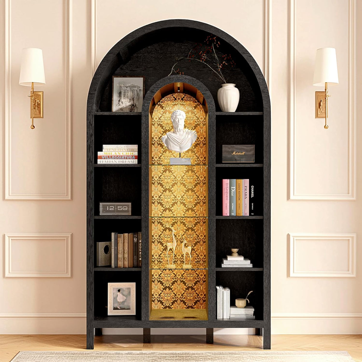 FIMELLO 70.4’’ Double-Arched Bookshelf Bookcase, Display Cabinet with Led Light, Bar Wine Cabinet with Shelves, Tall Food Pantry Furniture for Living Room, Kitchen, Dining Room, Black FIMELLO