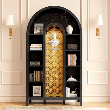 FIMELLO 70.4’’ Double-Arched Bookshelf Bookcase, Display Cabinet with Led Light, Bar Wine Cabinet with Shelves, Tall Food Pantry Furniture for Living Room, Kitchen, Dining Room, Black FIMELLO