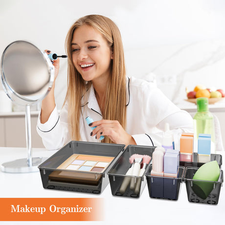 SpaceHacks 25 PCS Plastic Drawer Organizer Set, 4-Size Versatile Organizer Trays & storage Bins for Makeup, Jewelry, and Gadgets in Bathroom, Bedroom and Office,Clear Black SpaceHacks