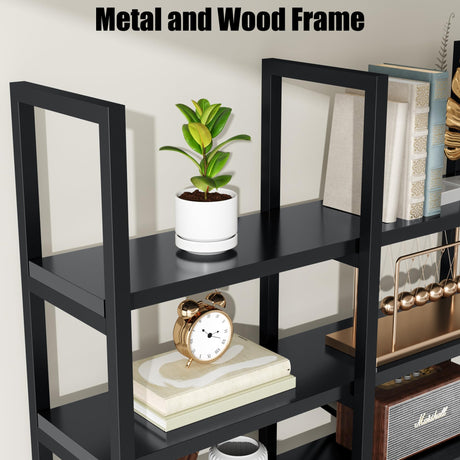 Semoic Large Bookshelf 5 Tiers, Triple Wide Geometric Bookcase, 71 Inches Tall Industrial Book Shelves Etagere Book Case, Sturdy Metal Frame, Freestanding Display Shelving Unit (Black) Semoic